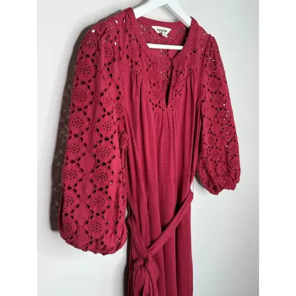 Boden Eden Broderie Jersey Puff Sleeve Midi Dress Garnet Red Women's Size 8P - Picture 6 of 11